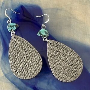 2/$29 Handmade Turquoise Bear Textured Weave Teardrop Earrings 3.25” Western